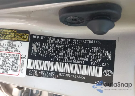 2006 Toyota Avalon Xls из США, поврежденный, VIN 4T1BK36B56U163091